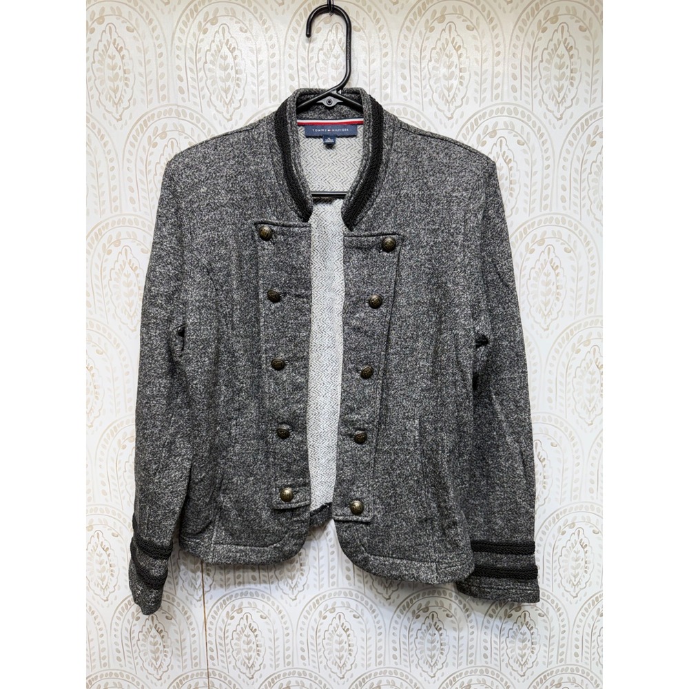 Tommy Hilfiger Military Jacket Women XL Gray Knit Double Breasted‎ Soutache Trim